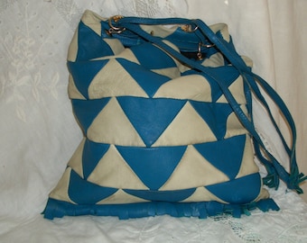 1960s Vintage Mod Deco Style Leather Blue and OffWhite Hobo Drawstring Purse Made in Spain