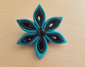 Dark Teal & black Tsumami Kanzashi Hair Clip
