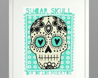 Glow-in-the-dark Sugar skull screen print in Mexican mint
