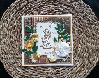 Couple Happy Anniversary Handmade Card celebrate green & brown