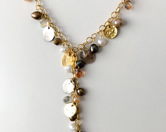 Freshwater Pearl and Czech glass bead necklace on gold chain