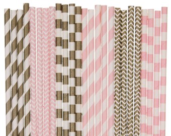 Paper Straw Mix, Light Pink and Gold Striped Chevron Paper Straws, Birthday Party Decor, Baby Shower Paper Straw, Bridal Shower Brunch Straw