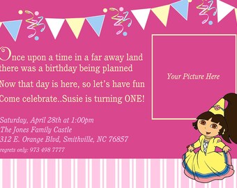 Dora Birthday Invitations, DIY print avail,Princess Pink Dora Birthday Invite, Dora Birthday Party, Photo Invitations