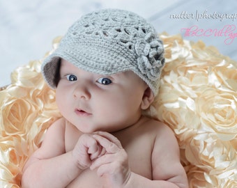 Grey Crochet Baby Hat, Grey Crochet Girl Hat, crochet Cap, Crochet Beanie, with handmade flower