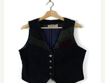ON SALE Vintage Black/Green/Brown Color blocked Denim Vest from 80's