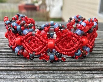 SALE Micro-Macrame Beaded Cuff Bracelet - Red & Blue