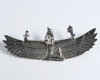 Goddess Isis, Isis Jewelry, Isis Pin, Egyptian Winged Isis, Vintage Egyptian Revival Winged Goddess Isis Pectoral Sterling Silver Pin