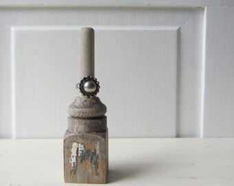 ONE Ring Holder Gray Architectural Salvage - Ring Display Size 6 & Larger - Weathered Wood / Chippy Paint 6" Tall - Quantity READY to SHIP