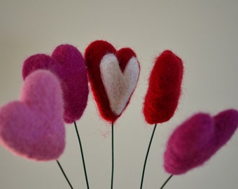 Heart Shaped Flower Stems Needle Felted Red Pink White Magenta