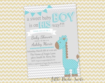 Blue Giraffe Baby Shower Invitation, Printable Baby Shower Invitation, Digital Baby Shower Invitation, Custom Baby Shower Invitation