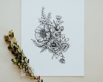 Floral Bouquet Botanical Floral Pen and Ink Hand Drawn Illustration Print