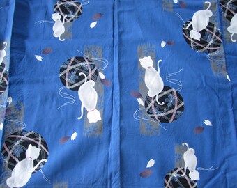 Vintage blue yukata for cat lovers! 162cm - Summer kimono - Festival wear - Casual kitsuke - Cotton - USED - Made in Japan