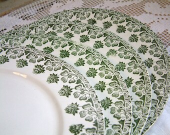 Set of 4 antique french transferware plates. Antique green transferware dinner plate Antique ironstone. Clover motif. French country