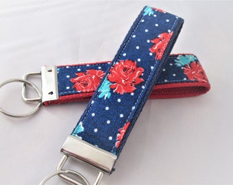Keychain Wristlet Key fob - Roses in Red, Teal and Blue - Fabric Keychain