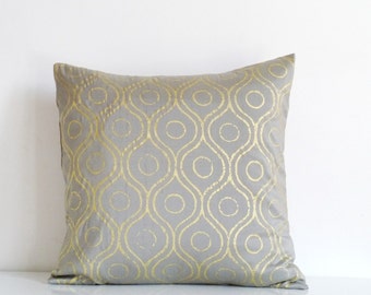 Silver gray silk throw pillow, gold metallic print on gray silk, gold cushion cover