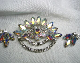 Vintage AB Rhinestone Large Brooch & Earrings