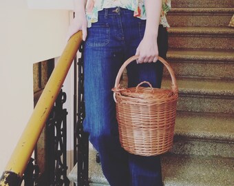 Round Willow Basket, Birkin Basket Middle Size, Round Basket, Round Lidded Basket Jane Birkin Style Basket Purse Basket Bag Wicker Tote