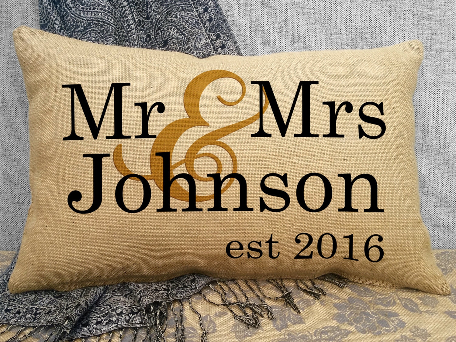 Mr & Mrs Burlap Wedding Pillow Personalized Last Name and Est