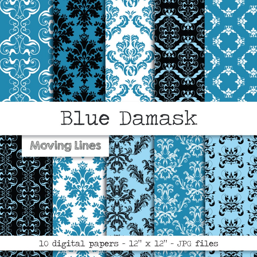 Blue Damask Digital Paper Pack Scrapbook Paper DIY Project