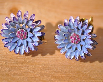 Vintage Blue Purple Metal Enamel Flower Clip On Earrings // Pink Rhinestone Flowers Earrings