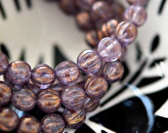 Purple Magic - Premium Czech Glass Beads, Transparent Clear, Lavender, Metallic Gold Luster, Baby Melon Rounds 6mm - Pc 25