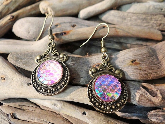 Pink Mermaid Tail Little Scale Scales Dragon Dragons Iridescent Earring Earrings Bronze Tone Mermaids Siren