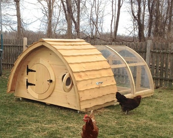 Hobbit Hole Chicken Coop + Attached Run for up to 6 birds; cedar and pine construction, hinged roof, ventilation windows