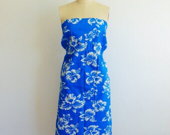70s cotton Blue Hawaiian strapless sun dress size small