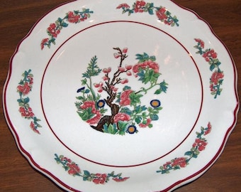 p7415: SHENANGO Dinner Plate Indian Tree Red Scalloped Edge Vintage Restaurant Hotel Ware China at Vintageway Furniture Dining Room Kitchen