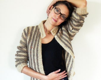 1960s Knit Striped Vintage Cardigan / Chunky Italian Vintage Sweater in Mocha Stripes / Hand Knit Vintage Wool Cardigan