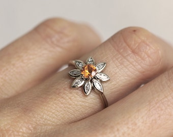 Flower Engagement Ring, Daisy Ring, Sapphire Diamond Ring, Orange Sapphire Ring, Unique Engagement Ring, Minimalvs