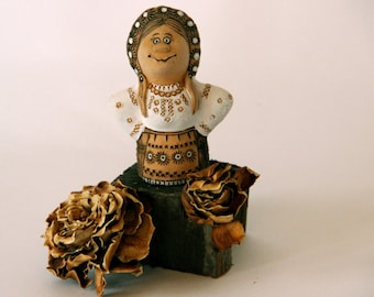 Folk Style Girl - Clay - Woman - Highly Figured - Incised - Hand Sculpted - Sculpture