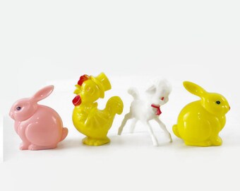 Vintage Easter Decorations, Irwin Rooster Rattle, Irwin Lamb Rattle, Knickerbocker Plastic Bunny Rattles