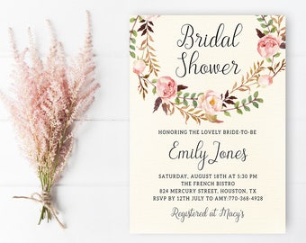 Printable Bridal Shower Invitation Template, Watercolor Floral Invite, Shabby Chic Bridal Shower Invite Printable Couples Shower Invite
