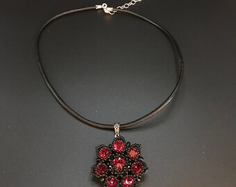 Swarovski Red Crystal Rivoli Beaded Flower on Leather Necklace