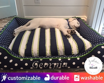 Large Dog Bed Personalized Dog Beds custom embroidery small medium x-large navy blue pet bed washable bolster polka dot