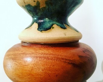 Mash Up Pendant Light, curvy turned wood with drippy teal glazed pottery