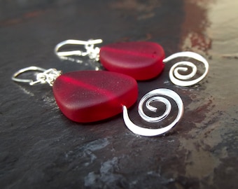 Modern Geometric Earrings: Cherry Red Drop Earrings, Sea Glass Dangle Earrings, Silver Spiral Earrings, Nautical Beach Jewelry