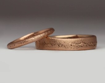 Rose Gold Ring Set, Wedding Rings 9ct Gold, Unique Texture Rings, Sandcast Brushed Gold, His and Hers Wedding Bands, Personalized 9K Rings