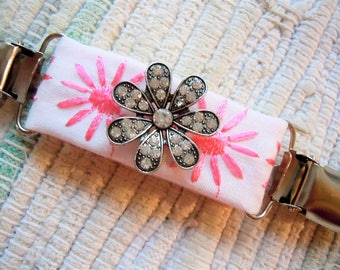 Pink daisy embroidered with medallion dress clip, shirt clip, hat clip, jacket clip, sweater clip