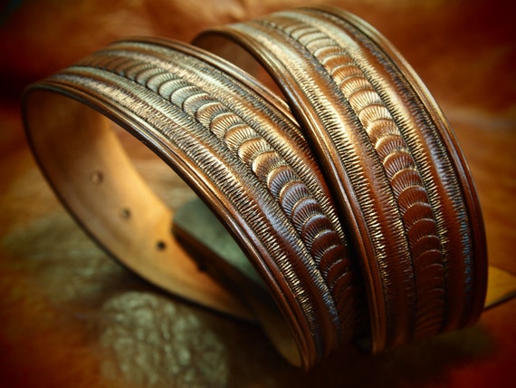 Brown Leather belt stamped and tooled Rich walnut finish made for YOU in New YorkC USA by Freddie Matara