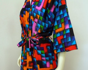 Vintage 60s Kimono Robe by Dynasty Multi-Color Geometric
