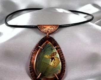 Cabochon Gemstone Green Brown Rose Imperial Jasper Handmade Copper Prong Setting