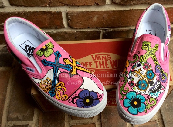 Custom Vans Shoes Hand Painted Day of the Dead Slip on