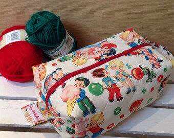 Sock knitting project bag, retro candy shop knitting bag, boxy pouch, all purpose boxed fabric pouch, optional DPN case to match