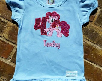 Girls Pony Pinkie Pie Appliquéd Shirt with Birthday Number and Embroidered Name