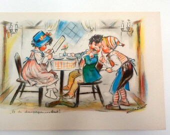 Drawing of children from Germaine Bouret - 1940 - Litography