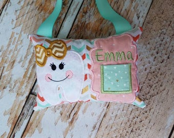 Personalized Tooth Fairy Pillow w/Front Pocket - Girl Tooth - Gold Coral Mint