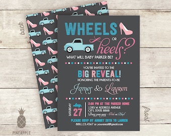 Wheels Or Heels? Baby Gender Reveal Invitations - Colors Used: Charcoal, Cyan, Pink, Baby Blue, & Baby Pink