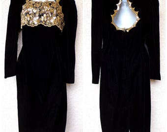 1980s PROM DRESS. 80s Party Dress. Black Velvet & Gold Sequins. 80s Prom Dress. Scott McClintock. Open KeyholeB ack. Bodycon Prom Dress.. SM